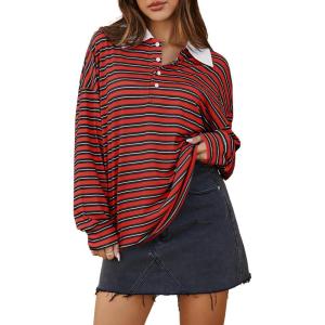 imageCicy Bell Womens Long Sleeve Rugby Polo Shirts Oversized Striped Collared Sweatshirt Color Block Tunic TopsRed