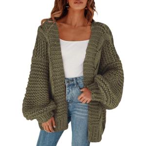 imageCicy Bell Womens Open Front Chunky Knit Cardigan Loose Lantern Sleeve Oversized Sweater CoatsArmy Green