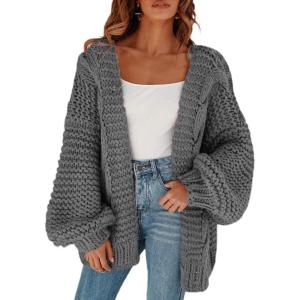 imageCicy Bell Womens Open Front Chunky Knit Cardigan Loose Lantern Sleeve Oversized Sweater CoatsGrey