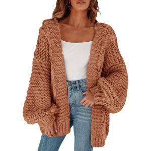 imageCicy Bell Womens Open Front Chunky Knit Cardigan Loose Lantern Sleeve Oversized Sweater CoatsKhaki