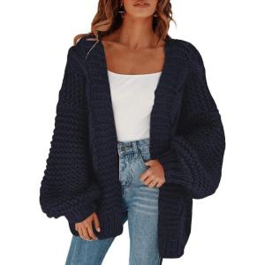 imageCicy Bell Womens Open Front Chunky Knit Cardigan Loose Lantern Sleeve Oversized Sweater CoatsNavy