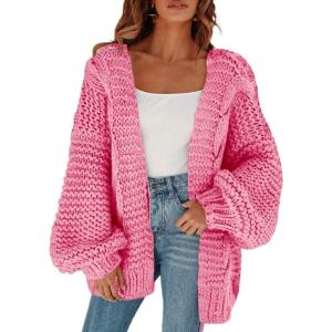 imageCicy Bell Womens Open Front Chunky Knit Cardigan Loose Lantern Sleeve Oversized Sweater CoatsPink