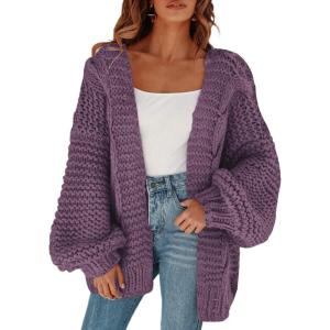 imageCicy Bell Womens Open Front Chunky Knit Cardigan Loose Lantern Sleeve Oversized Sweater CoatsPurple