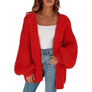 imageCicy Bell Womens Open Front Chunky Knit Cardigan Loose Lantern Sleeve Oversized Sweater CoatsRed