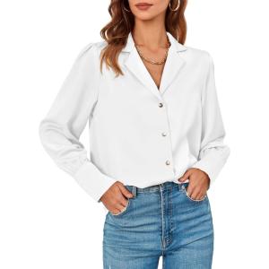 imageCicy Bell Womens Silk Blouse Tops V Neck Puff Long Sleeve Button Down Shirts for Work Office Casual White