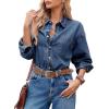 imageCicy Bell Womens Oversized Denim Shirts Jackets Button Down Curved Hem Long Sleeve Jean Tops ShacketsNavy