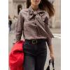imageCicy Bell Womens Plaid Shirts Bow Tied Neck Button Down Long Sleeve Casual Dressy Blouse TopsBrown