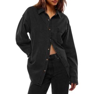 imageCicy Bell Womens Oversized Denim Shirts Jackets Button Down Curved Hem Long Sleeve Jean Tops ShacketsBlack