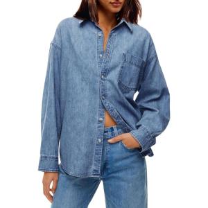imageCicy Bell Womens Oversized Denim Shirts Jackets Button Down Curved Hem Long Sleeve Jean Tops ShacketsJean Blue