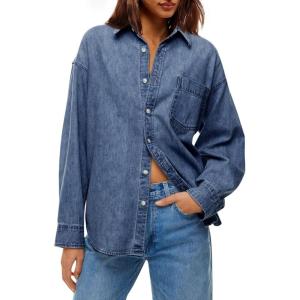 imageCicy Bell Womens Oversized Denim Shirts Jackets Button Down Curved Hem Long Sleeve Jean Tops ShacketsNavy