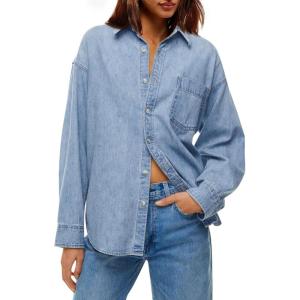 imageCicy Bell Womens Oversized Denim Shirts Jackets Button Down Curved Hem Long Sleeve Jean Tops ShacketsWashed Blue