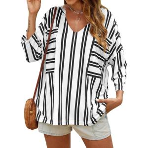 imageCicy Bell Womens Oversized Striped Shirts 34 Sleeve V Neck Loose Fit Tunic Tops Dressy Casual BlouseBlack