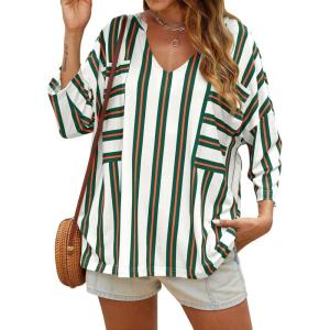 imageCicy Bell Womens Oversized Striped Shirts 34 Sleeve V Neck Loose Fit Tunic Tops Dressy Casual BlouseGreen