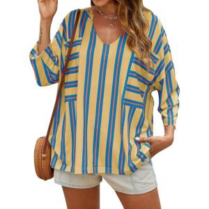 imageCicy Bell Womens Oversized Striped Shirts 34 Sleeve V Neck Loose Fit Tunic Tops Dressy Casual BlouseMustard