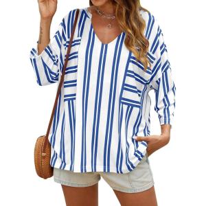 imageCicy Bell Womens Oversized Striped Shirts 34 Sleeve V Neck Loose Fit Tunic Tops Dressy Casual BlouseNavy