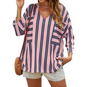 imageCicy Bell Womens Oversized Striped Shirts 34 Sleeve V Neck Loose Fit Tunic Tops Dressy Casual BlousePink