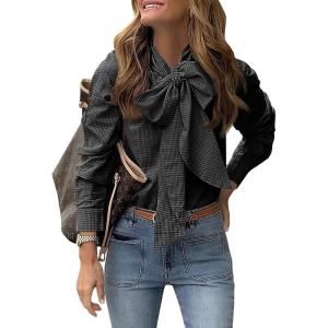 imageCicy Bell Womens Plaid Shirts Bow Tied Neck Button Down Long Sleeve Casual Dressy Blouse TopsBlack