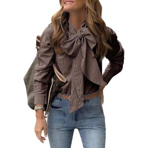 imageCicy Bell Womens Plaid Shirts Bow Tied Neck Button Down Long Sleeve Casual Dressy Blouse TopsBrown