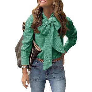 imageCicy Bell Womens Plaid Shirts Bow Tied Neck Button Down Long Sleeve Casual Dressy Blouse TopsGreen
