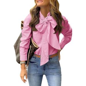 imageCicy Bell Womens Plaid Shirts Bow Tied Neck Button Down Long Sleeve Casual Dressy Blouse TopsPink