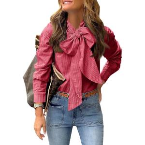imageCicy Bell Womens Plaid Shirts Bow Tied Neck Button Down Long Sleeve Casual Dressy Blouse TopsRed
