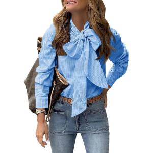 imageCicy Bell Womens Plaid Shirts Bow Tied Neck Button Down Long Sleeve Casual Dressy Blouse TopsSky Blue