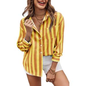 imageCicy Bell Womens Striped Button Down Shirts Oversized Long Sleeve Casual Blouses Color Block Fall TopsYellow