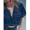 imageCicy Bell Womens V Neck Denim Crop Tops Summer Y2k Going Out Jean Shirts Loose Fit Short Sleeve Collared Polo TeeNavy