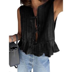 imageCicy Bell Womens Bow Front Tie Tank Tops Pleated Babydoll Top Sleeveless Cute Coquette Shirt Summer OutfitsBlack
