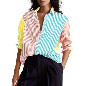imageCicy Bell Womens Color Block Striped Button Down Shirts Oversized Trendy Casual Blouses Long Sleeve TopsBlue