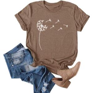 imageCicy Bell Womens Dandelion Print T Shirts Cute Graphic Tees Short Sleeve Summer Cotton Tee TopsBrown