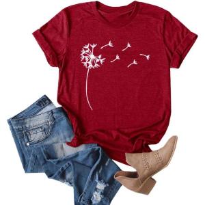 imageCicy Bell Womens Dandelion Print T Shirts Cute Graphic Tees Short Sleeve Summer Cotton Tee TopsBurgundy