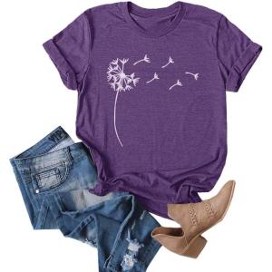 imageCicy Bell Womens Dandelion Print T Shirts Cute Graphic Tees Short Sleeve Summer Cotton Tee TopsDeep Purple