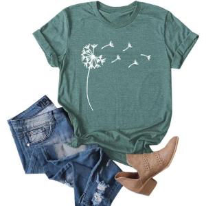 imageCicy Bell Womens Dandelion Print T Shirts Cute Graphic Tees Short Sleeve Summer Cotton Tee TopsGreen