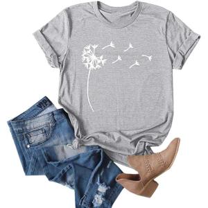 imageCicy Bell Womens Dandelion Print T Shirts Cute Graphic Tees Short Sleeve Summer Cotton Tee TopsGrey