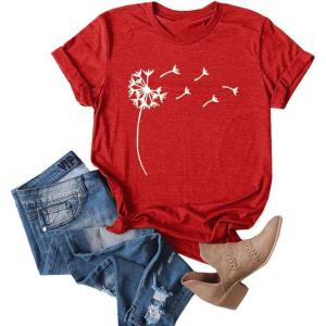 imageCicy Bell Womens Dandelion Print T Shirts Cute Graphic Tees Short Sleeve Summer Cotton Tee TopsRed