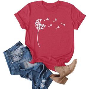 imageCicy Bell Womens Dandelion Print T Shirts Cute Graphic Tees Short Sleeve Summer Cotton Tee TopsRose Red