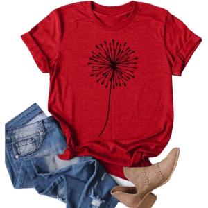 imageCicy Bell Womens Dandelion Print T Shirts Cute Graphic Tees Short Sleeve Summer Cotton Tee TopsZred