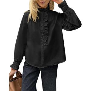 imageCicy Bell Womens Lace Trim Button Down Shirts Cotton Ruffle Long Sleeve Dressy Casual Blouse Fall Work TopsBlack