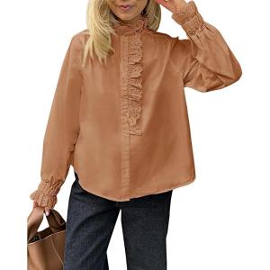 imageCicy Bell Womens Lace Trim Button Down Shirts Cotton Ruffle Long Sleeve Dressy Casual Blouse Fall Work TopsBrown
