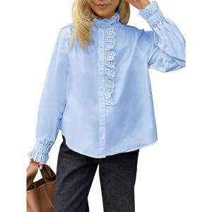 imageCicy Bell Womens Lace Trim Button Down Shirts Cotton Ruffle Long Sleeve Dressy Casual Blouse Fall Work TopsLight Blue
