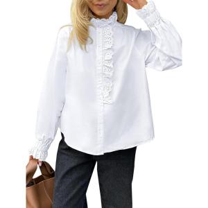 imageCicy Bell Womens Lace Trim Button Down Shirts Cotton Ruffle Long Sleeve Dressy Casual Blouse Fall Work TopsWhite