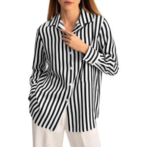 imageCicy Bell Womens Striped Button Down Shirts Casual Satin Long Sleeve Loose Work Blouse TopsBlack