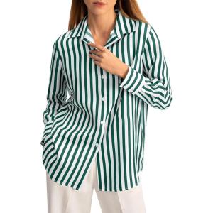 imageCicy Bell Womens Striped Button Down Shirts Casual Satin Long Sleeve Loose Work Blouse TopsDark Green