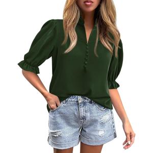 imageCicy Bell Womens Summer Blouse Dressy Casual Mock Neck Button Ruffle Puff Sleeve Loose Fit ShirtsArmy Green