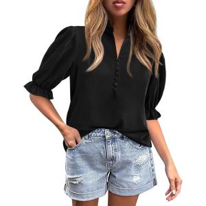 imageCicy Bell Womens Summer Blouse Dressy Casual Mock Neck Button Ruffle Puff Sleeve Loose Fit ShirtsBlack