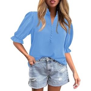 imageCicy Bell Womens Summer Blouse Dressy Casual Mock Neck Button Ruffle Puff Sleeve Loose Fit ShirtsBlue