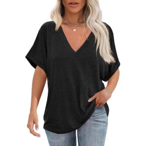 imageCicy Bell Womens Summer Oversized TShirts V Neck Rolled Short Sleeve Casual Tops Loose Fit Tunic TeesBlack