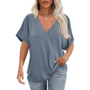 imageCicy Bell Womens Summer Oversized TShirts V Neck Rolled Short Sleeve Casual Tops Loose Fit Tunic TeesBluish Grey