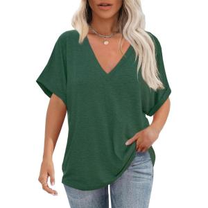 imageCicy Bell Womens Summer Oversized TShirts V Neck Rolled Short Sleeve Casual Tops Loose Fit Tunic TeesDark Green